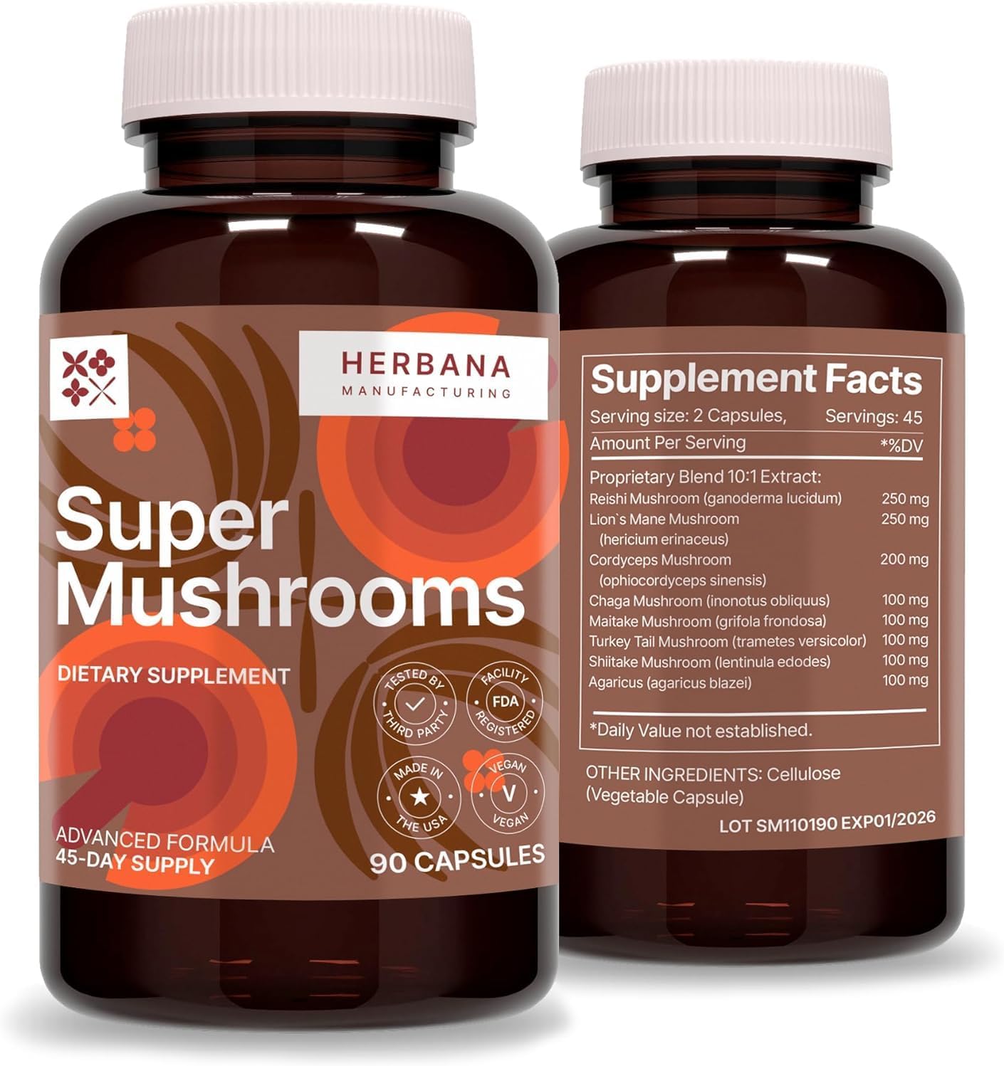 HERBANA MANUFACTURING Super Mushrooms 8-in-1 Capsules - Boost Brain & Immune System - Reishi, Lion's Mane, Cordyceps, Chaga, Mitake, Turkey Tails, Shiitake, Agaricus - 90 Capsules