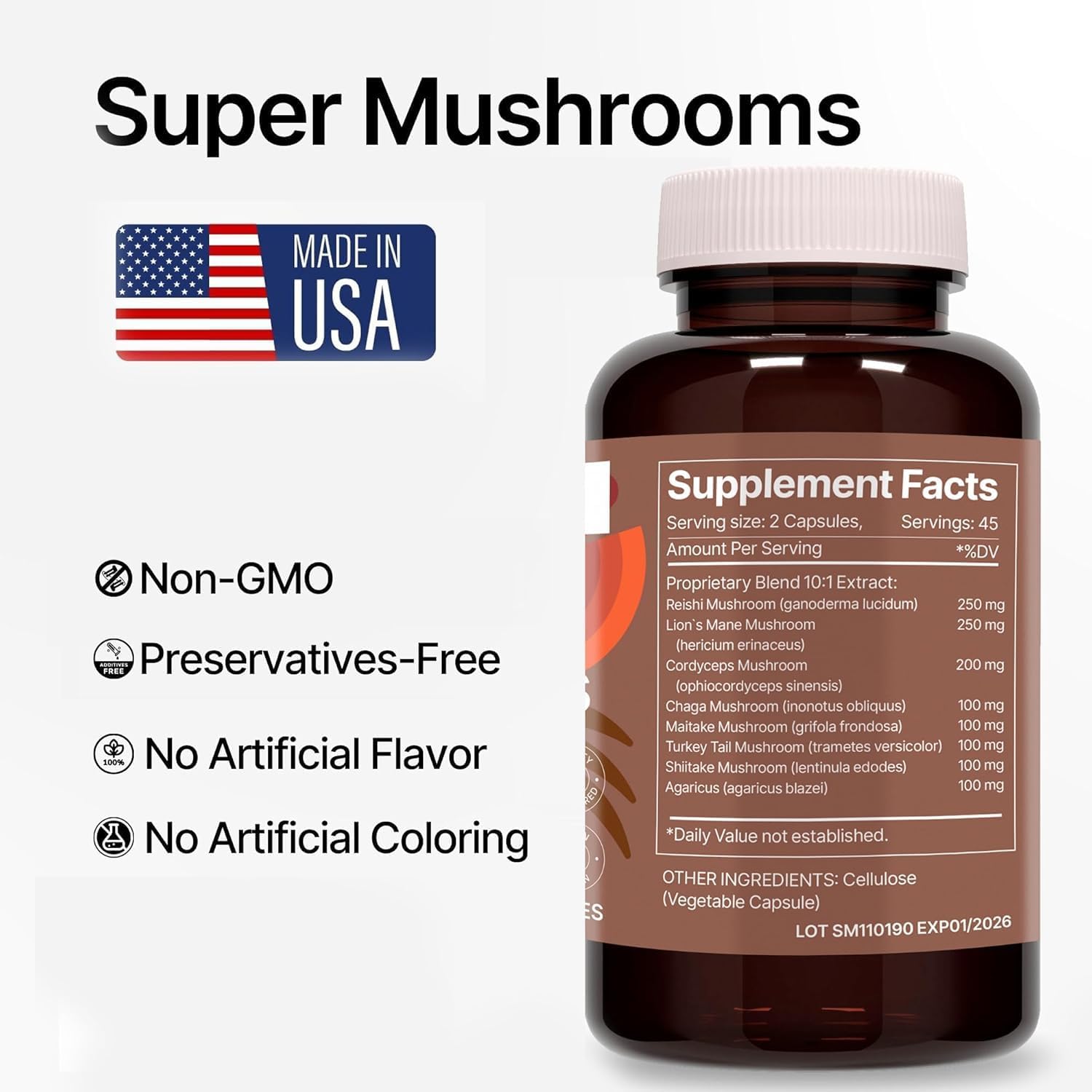 HERBANA MANUFACTURING Super Mushrooms 8-in-1 Capsules - Boost Brain & Immune System - Reishi, Lion's Mane, Cordyceps, Chaga, Mitake, Turkey Tails, Shiitake, Agaricus - 90 Capsules