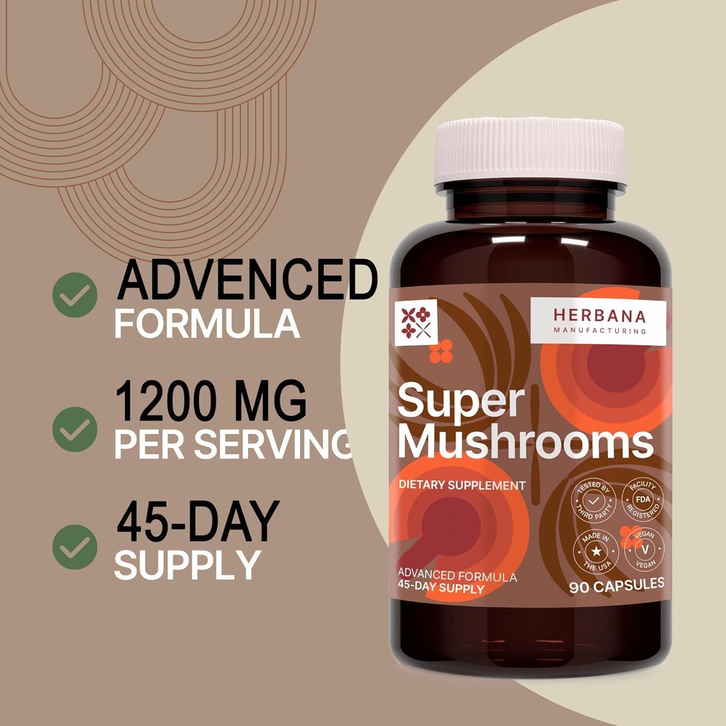 HERBANA MANUFACTURING Super Mushrooms 8-in-1 Capsules - Boost Brain & Immune System - Reishi, Lion's Mane, Cordyceps, Chaga, Mitake, Turkey Tails, Shiitake, Agaricus - 90 Capsules