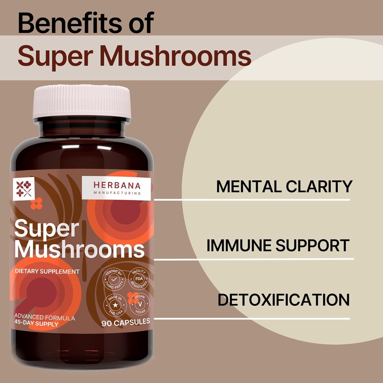 HERBANA MANUFACTURING Super Mushrooms 8-in-1 Capsules - Boost Brain & Immune System - Reishi, Lion's Mane, Cordyceps, Chaga, Mitake, Turkey Tails, Shiitake, Agaricus - 90 Capsules