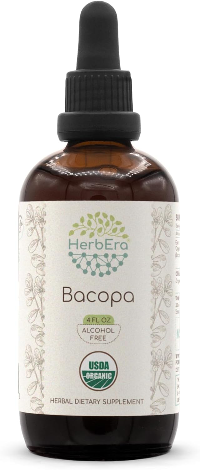 HerbEra Bacopa Monnieri Organic Tincture - Alcohol-Free, High-Potency Herbal Drops for Relaxation and Cognitive Benefits - 4 OZ