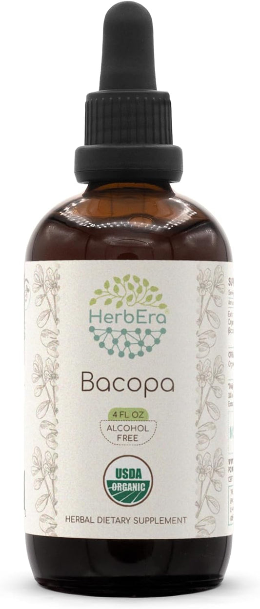 HerbEra Bacopa Monnieri Organic Tincture - Alcohol-Free, High-Potency Herbal Drops for Relaxation and Cognitive Benefits - 4 OZ