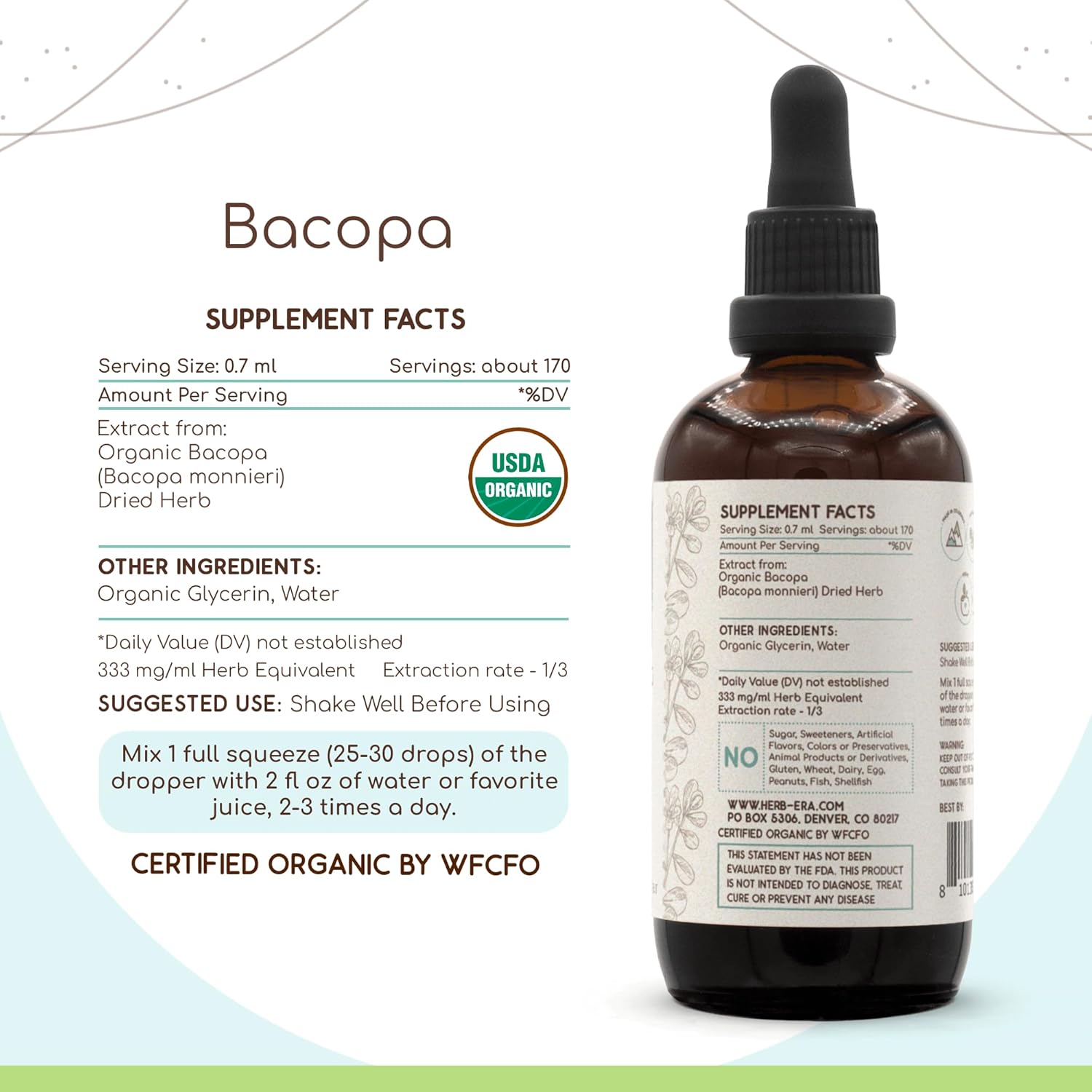HerbEra Bacopa Monnieri Organic Tincture - Alcohol-Free, High-Potency Herbal Drops for Relaxation and Cognitive Benefits - 4 OZ