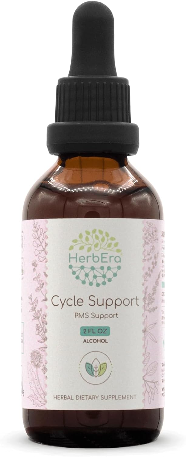 HerbEra Cycle Support A60 Alcohol Extract Tincture with Skullcap, Dandelion, Cramp Bark, Vitex Berry, St. John's Wort, Jamaican Dogwood Bark, Partridgeberry Herb, and Black Cohosh Root for PMS Relief - 2 Fl Oz