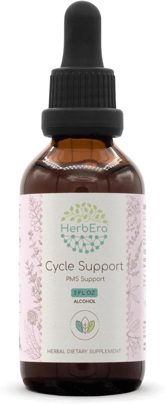 HerbEra Cycle Support A60 Alcohol Extract Tincture with Skullcap, Dandelion, Cramp Bark, Vitex Berry, St. John's Wort, Jamaican Dogwood Bark, Partridgeberry Herb, and Black Cohosh Root for PMS Relief - 2 Fl Oz