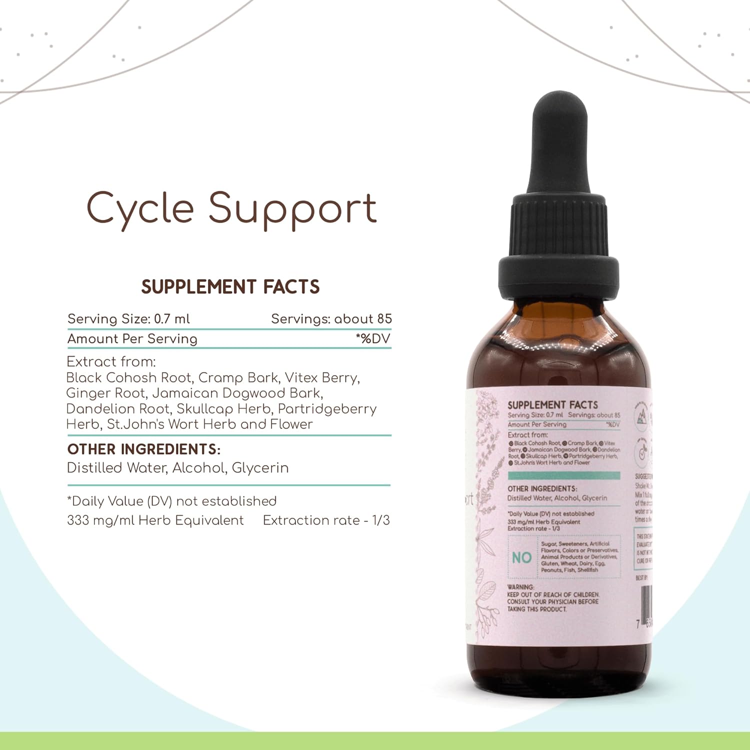 HerbEra Cycle Support A60 Alcohol Extract Tincture with Skullcap, Dandelion, Cramp Bark, Vitex Berry, St. John's Wort, Jamaican Dogwood Bark, Partridgeberry Herb, and Black Cohosh Root for PMS Relief - 2 Fl Oz