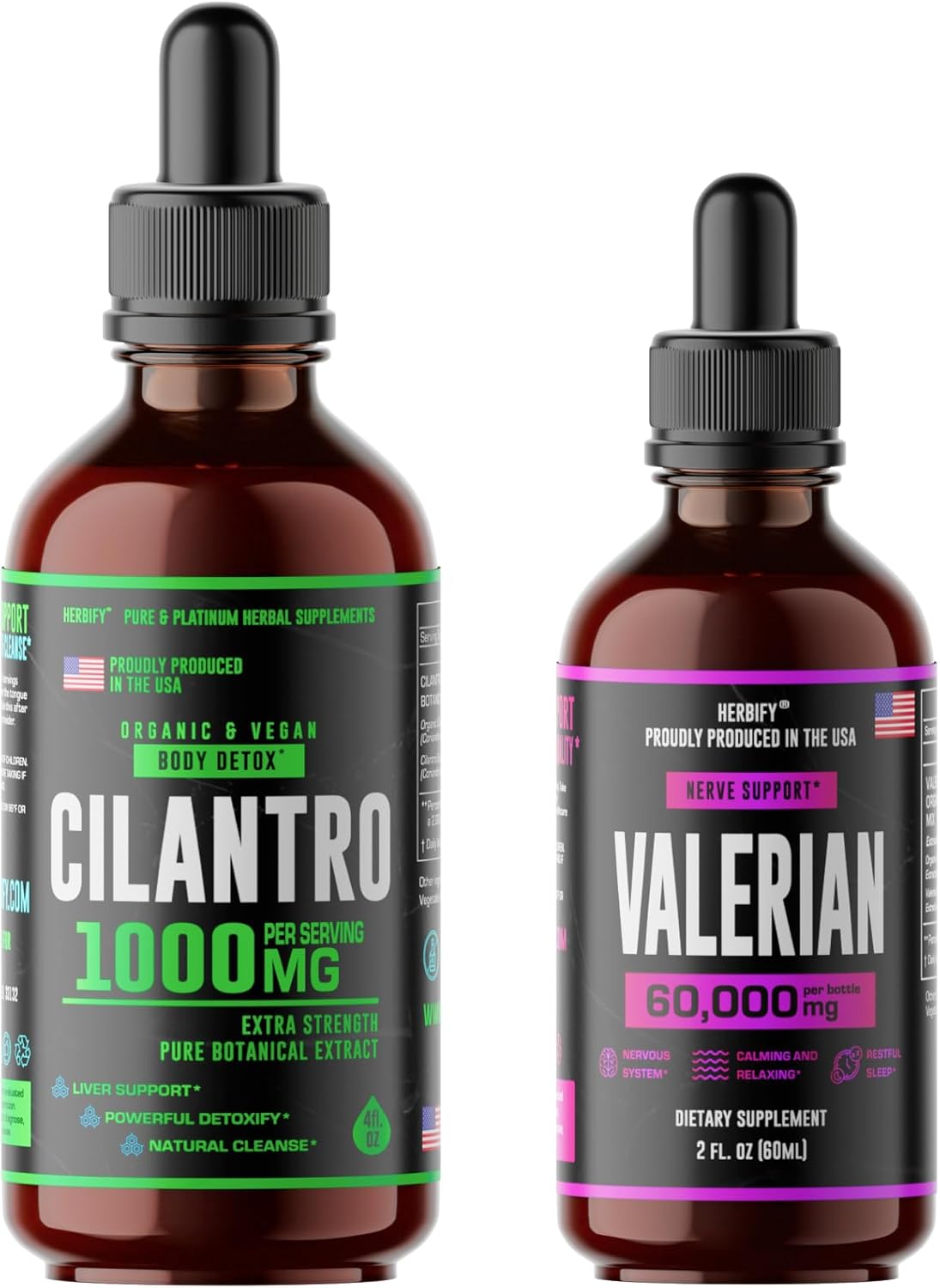 Herbify Bundle: Cilantro and Valerian Root Tinctures for Body Detox and Nervous System Support