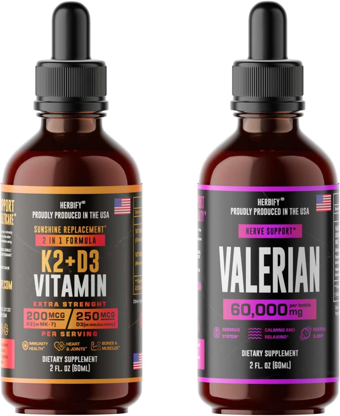 Herbify Bundle: K2 and D3 Drops with Valerian Root Tincture for Bone Strength and Nervous System Support