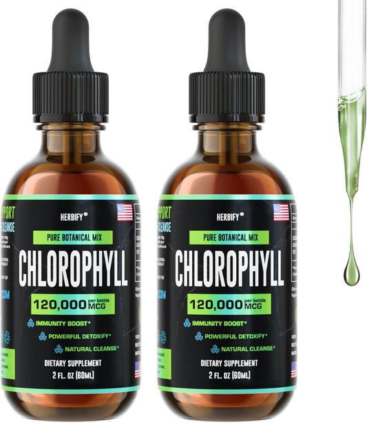 HERBIFY Chlorophyll Drops - Energy Boost & Immune Support - Made in USA - Detox & Skin Enhancer - 2 Oz (Pack of 2)