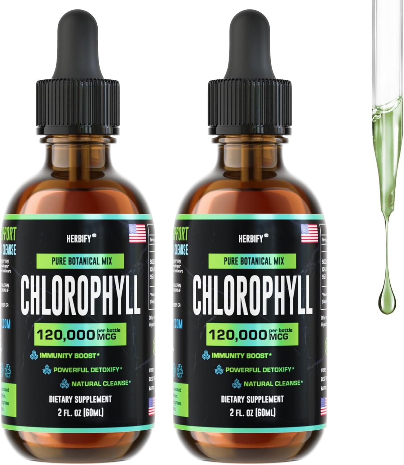 HERBIFY Chlorophyll Drops - Energy Boost & Immune Support - Made in USA - Detox & Skin Enhancer - 2 Oz (Pack of 2)