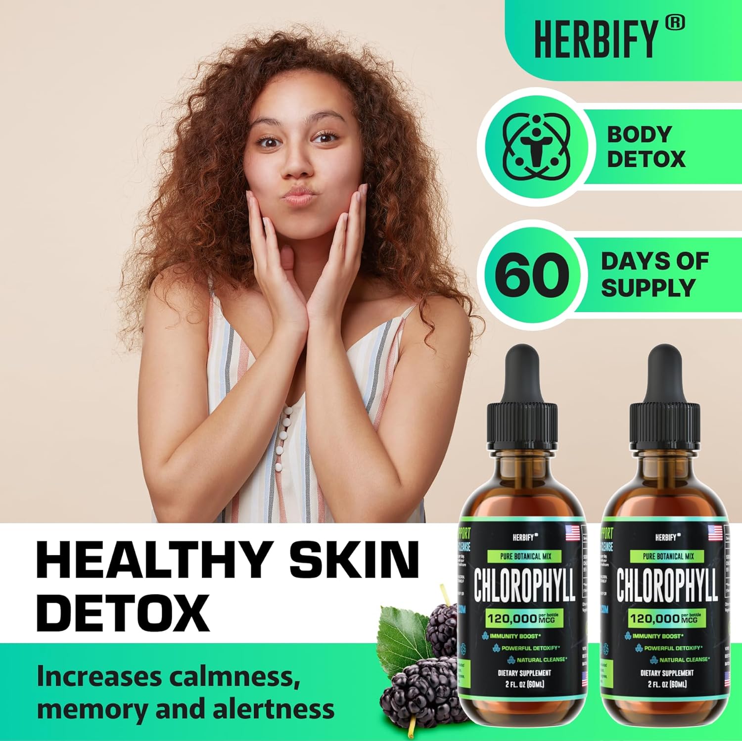 HERBIFY Chlorophyll Drops - Energy Boost & Immune Support - Made in USA - Detox & Skin Enhancer - 2 Oz (Pack of 2)