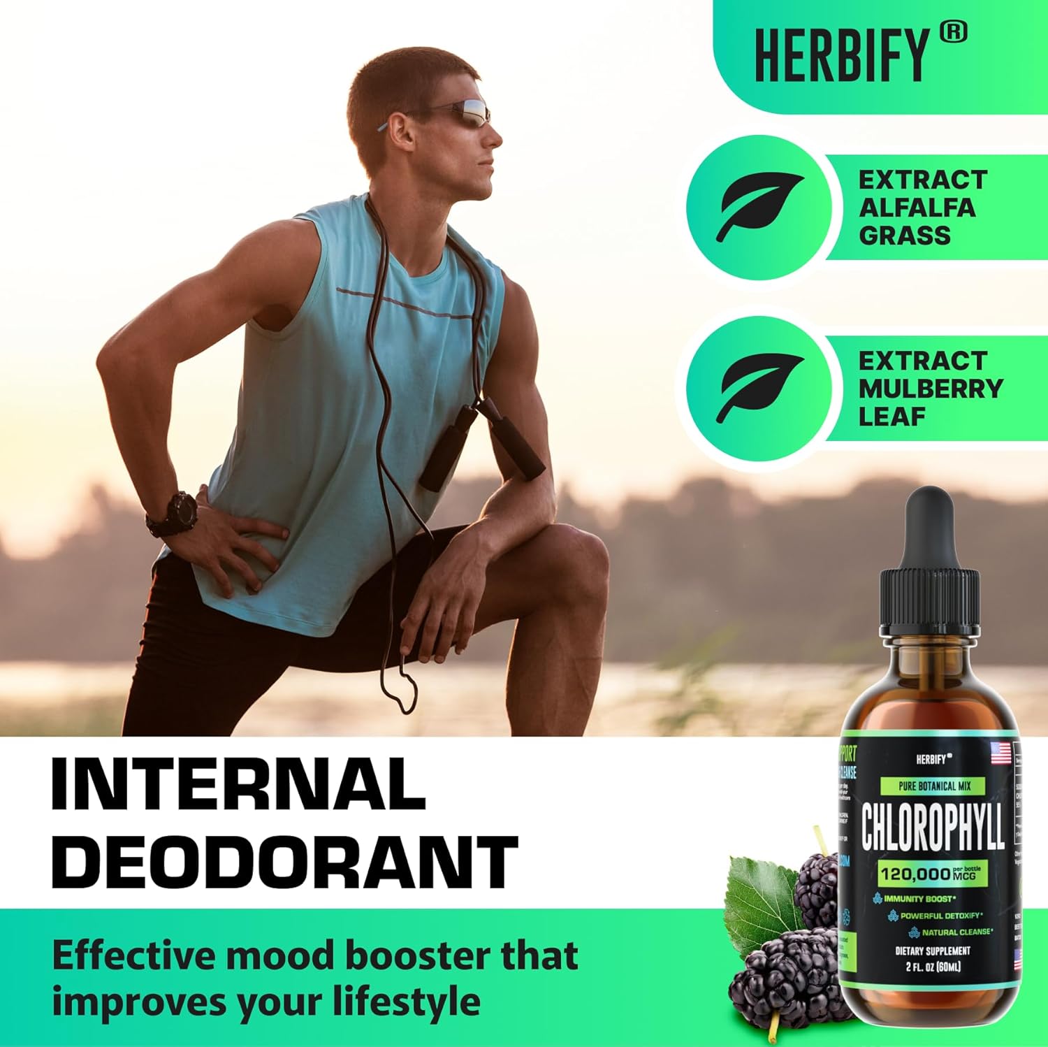 HERBIFY Chlorophyll Drops - Energy Boost & Immune Support - Made in USA - Detox & Skin Enhancer - 2 Oz (Pack of 2)