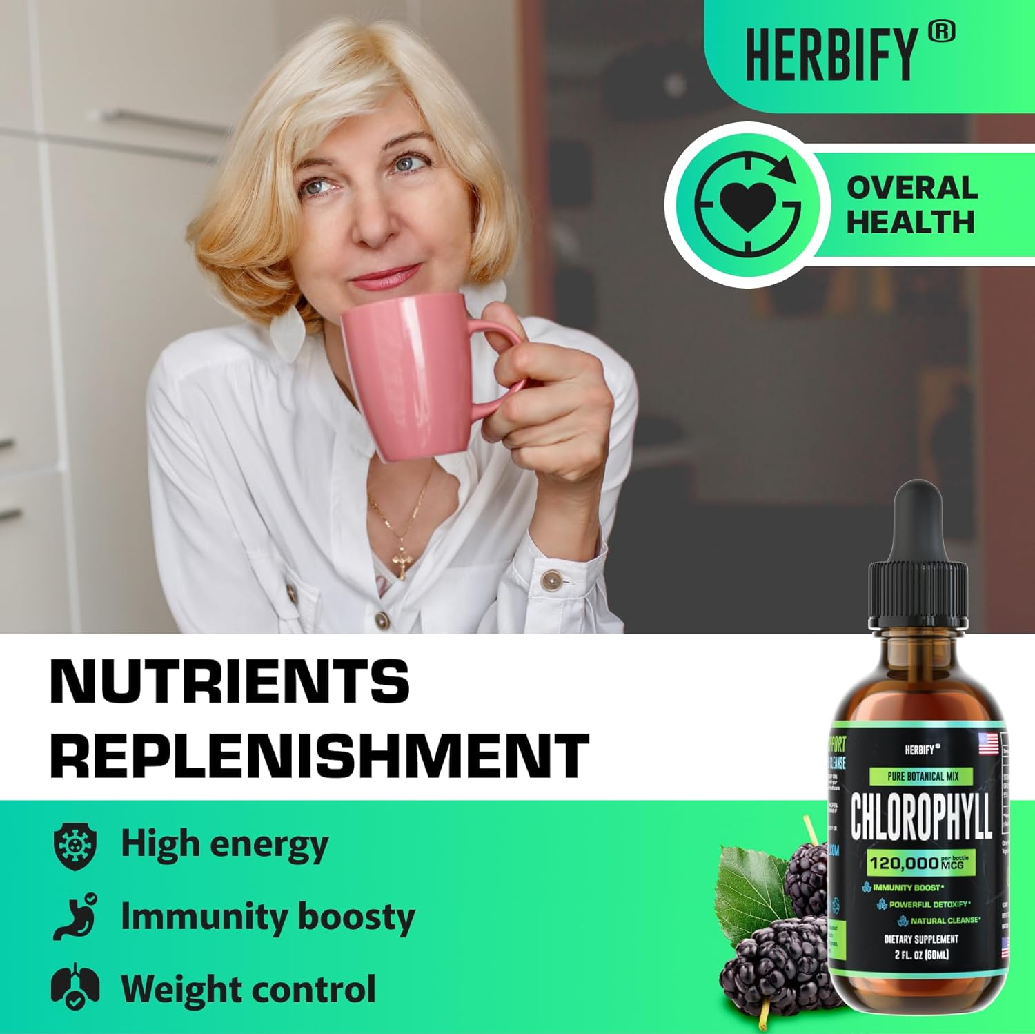 HERBIFY Chlorophyll Drops - Energy Boost & Immune Support - Made in USA - Detox & Skin Enhancer - 2 Oz (Pack of 2)