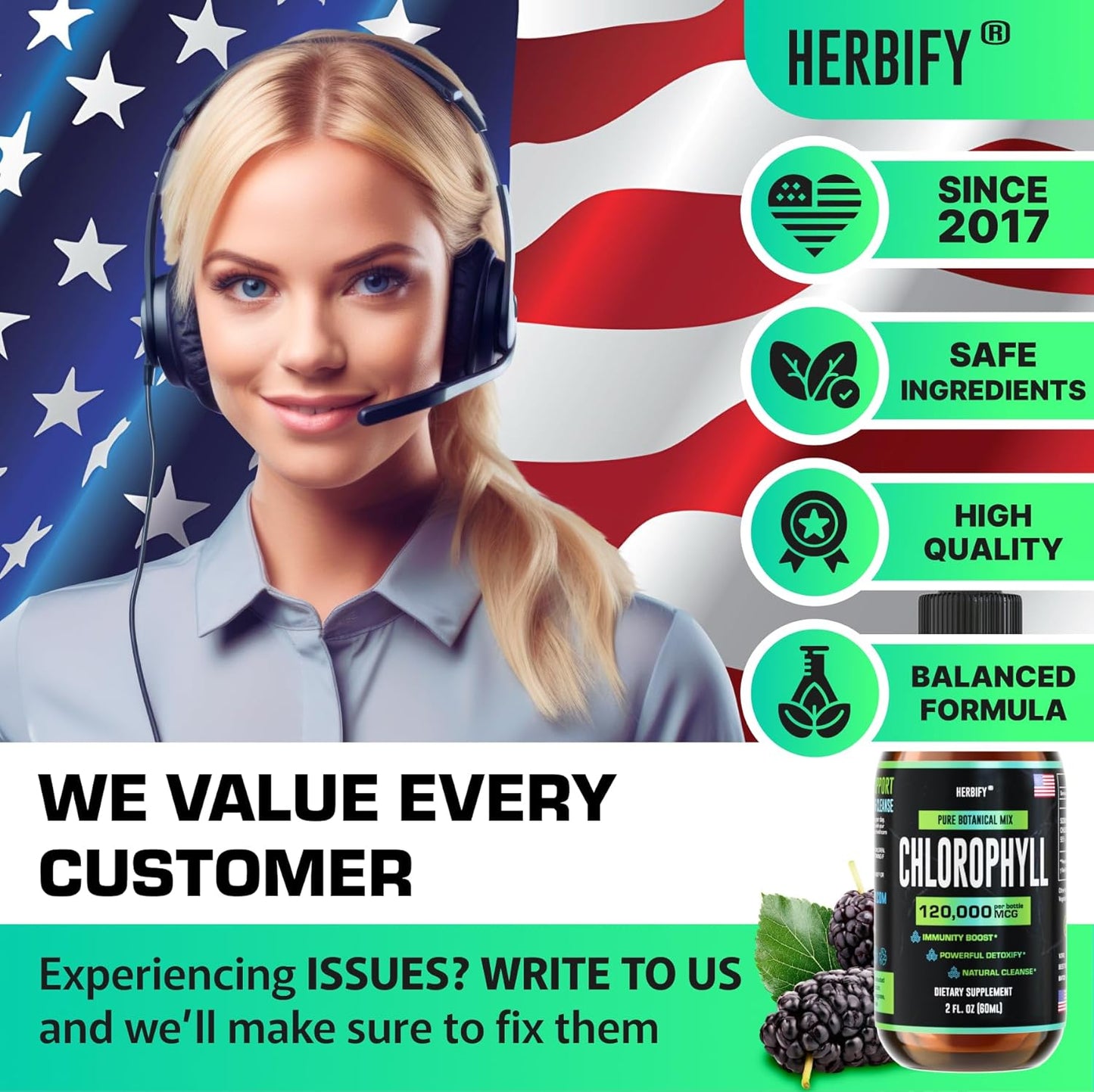 HERBIFY Chlorophyll Drops - Energy Boost & Immune Support - Made in USA - Detox & Skin Enhancer - 2 Oz (Pack of 2)