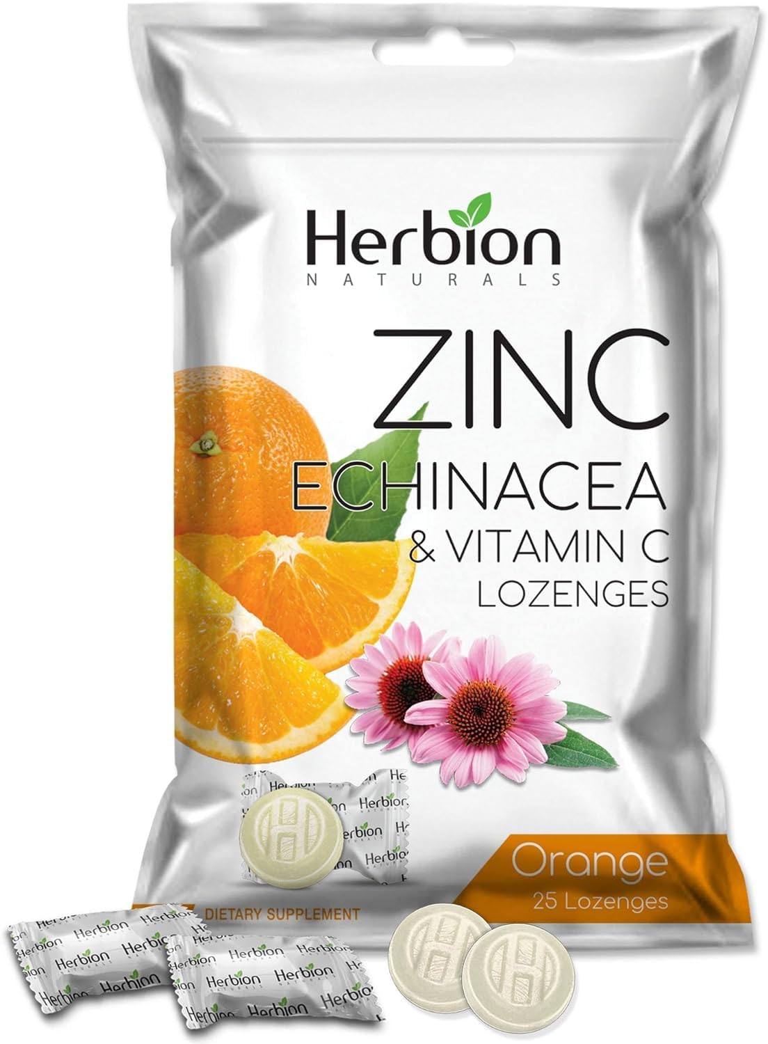 Herbion Naturals Immune Support Lozenges - Zinc, Echinacea, Vitamin C - 25 CT - Natural Orange Flavor - Dietary Supplement for Adults & Kids 5+ - Promotes Wellness & Immune System Health