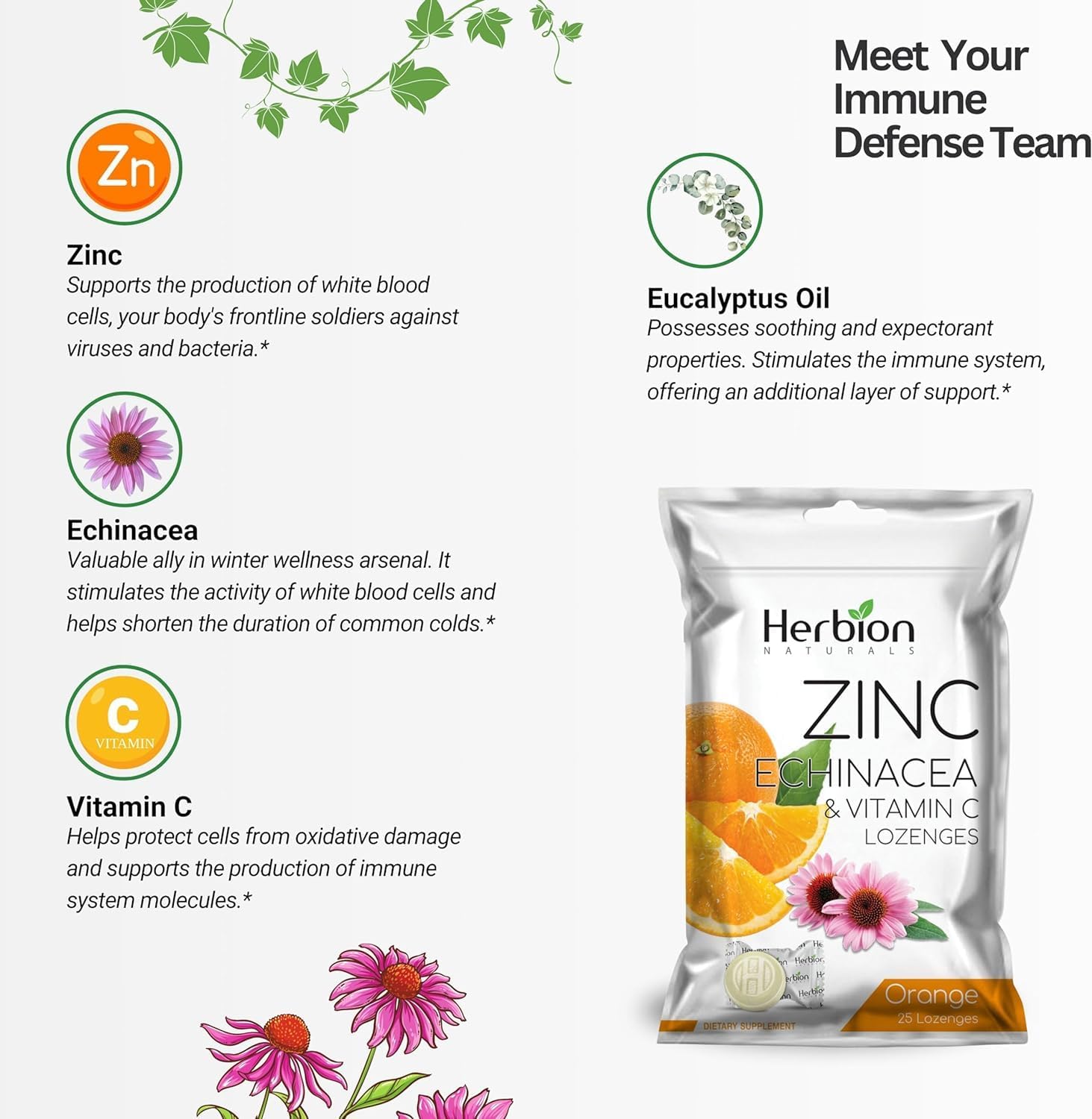 Herbion Naturals Immune Support Lozenges - Zinc, Echinacea, Vitamin C - 25 CT - Natural Orange Flavor - Dietary Supplement for Adults & Kids 5+ - Promotes Wellness & Immune System Health