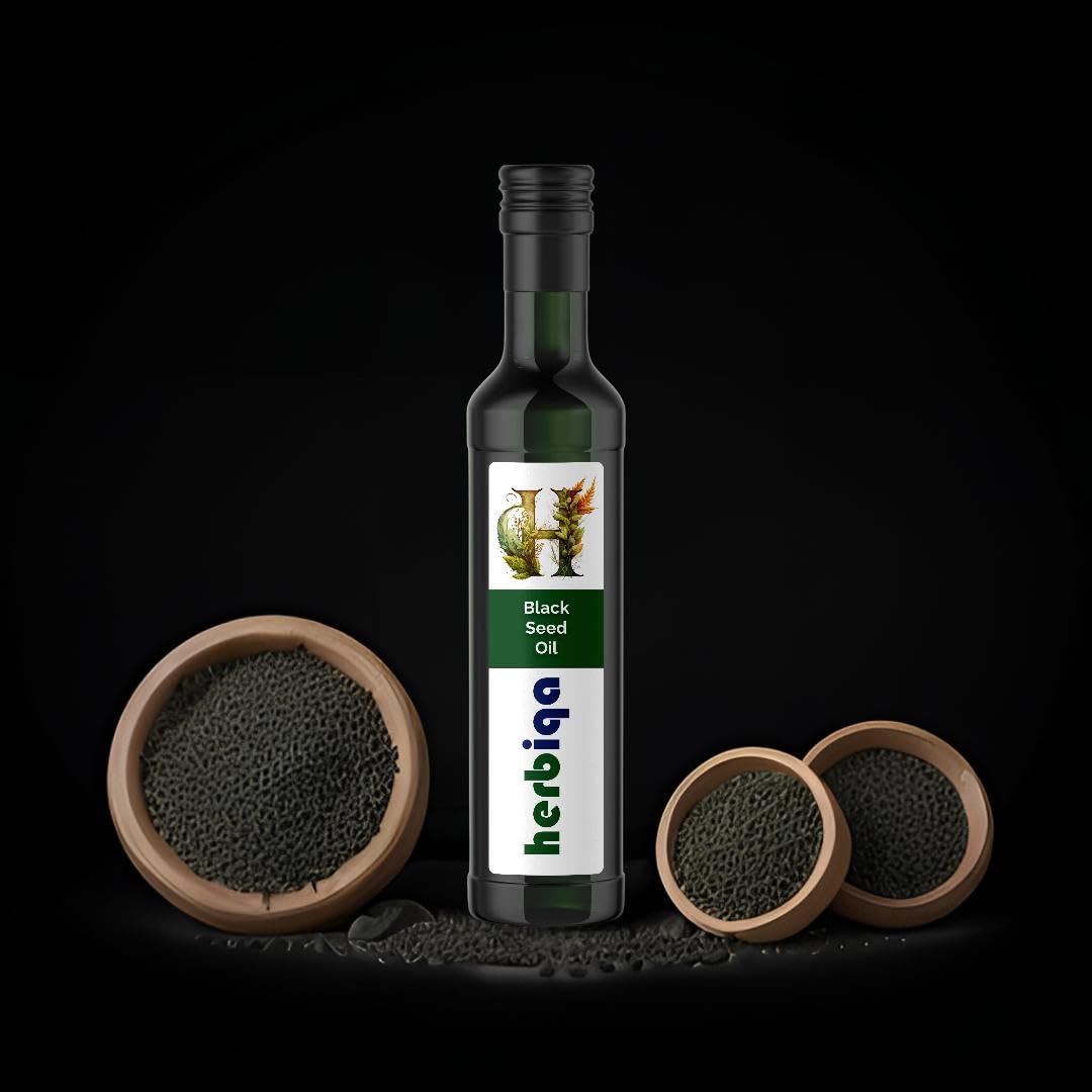 HERBIQA Cold Pressed Black Seed Oil - Turkish Original, 100% Extra Virgin, High Thymoquinone, Omega 3-6-9 - Unrefined in Amber Glass Bottle