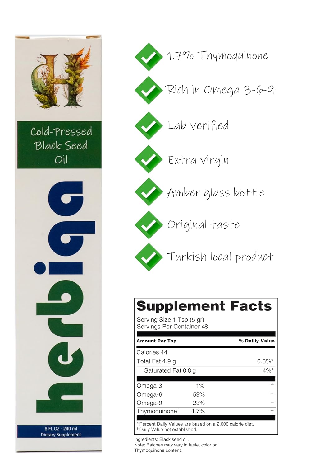 HERBIQA Cold Pressed Black Seed Oil - Turkish Original, 100% Extra Virgin, High Thymoquinone, Omega 3-6-9 - Unrefined in Amber Glass Bottle