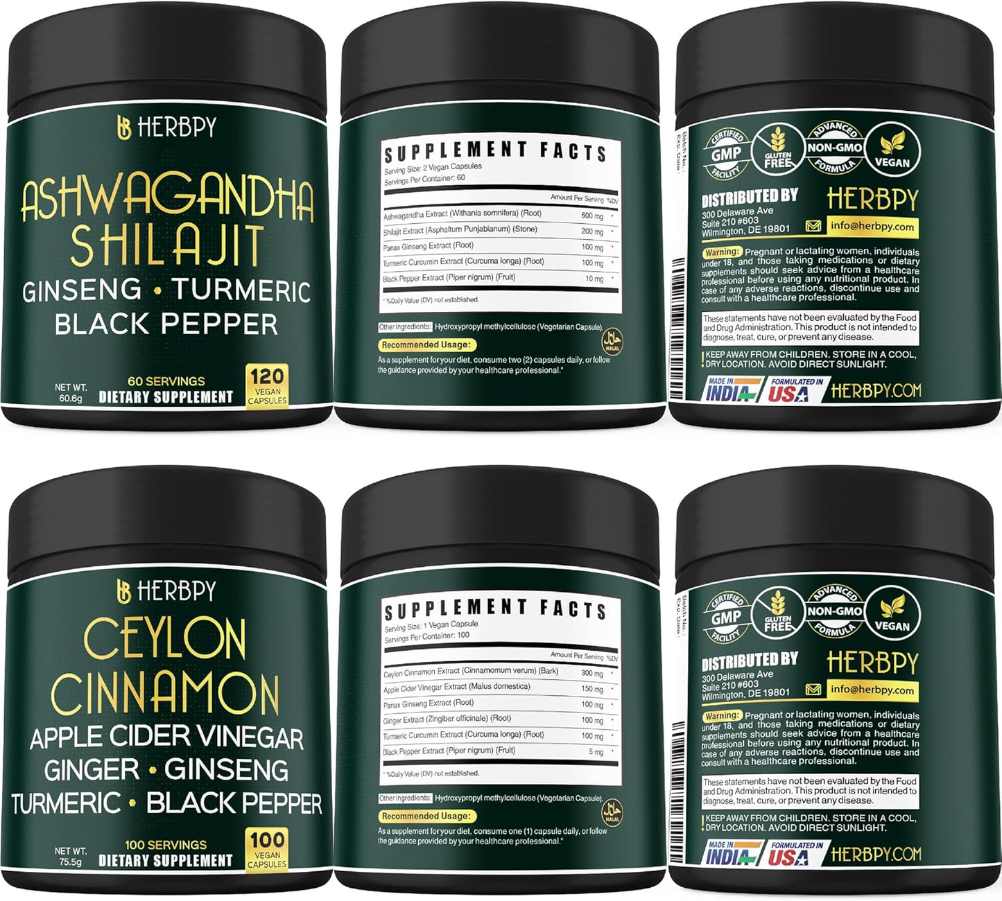 Herbpy 5in1 Ashwagandha Shilajit Bundle + 6in1 Ceylon Cinnamon - Promotes Relaxation, Mind, Heart, Digestive Health