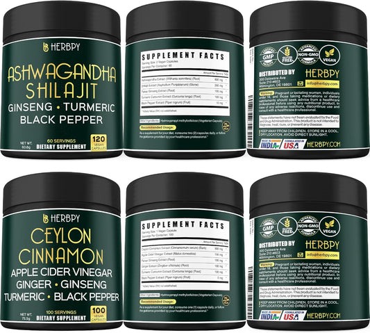 Herbpy 5in1 Ashwagandha Shilajit Bundle + 6in1 Ceylon Cinnamon - Promotes Relaxation, Mind, Heart, Digestive Health