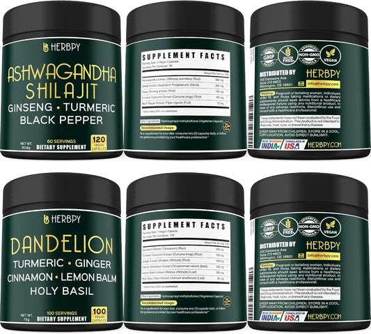 Herbpy Ashwagandha Shilajit Dandelion 5in1 Supplement Bundle - Promote Relaxation, Heart Health, Digestion, and Immune Support