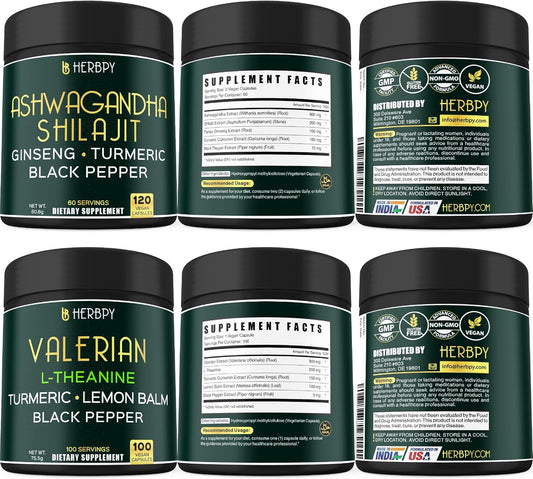 Herbpy Bundle: 5in1 Ashwagandha Shilajit & Valerian Root Supplement - Supports Relaxation, Heart Health, Digestion, and Immunity