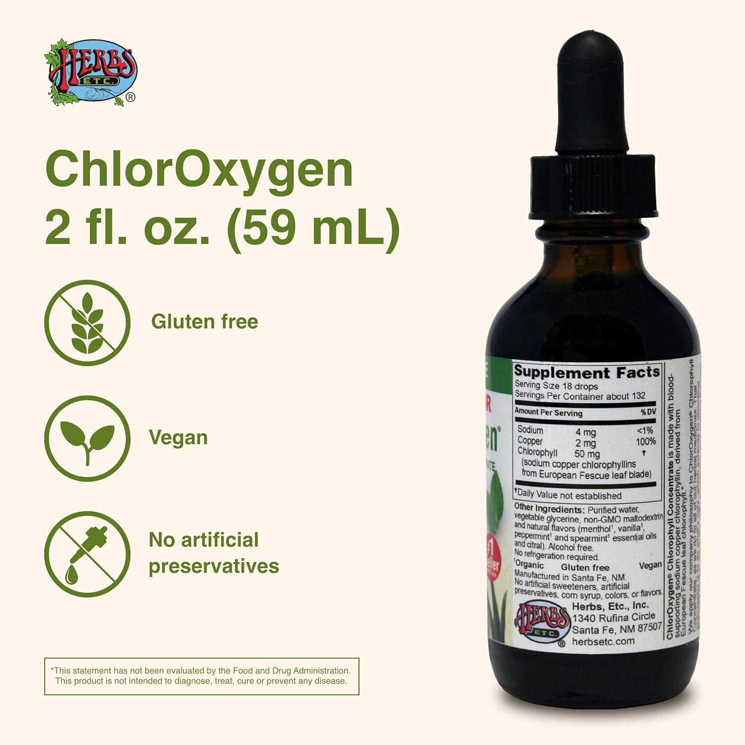 Herbs Etc. ChlorOxygen Chlorophyll Concentrate - Natural Energy and Vitality Support - Mint Flavored Liquid Supplement - Alcohol-Free - 2 fl oz