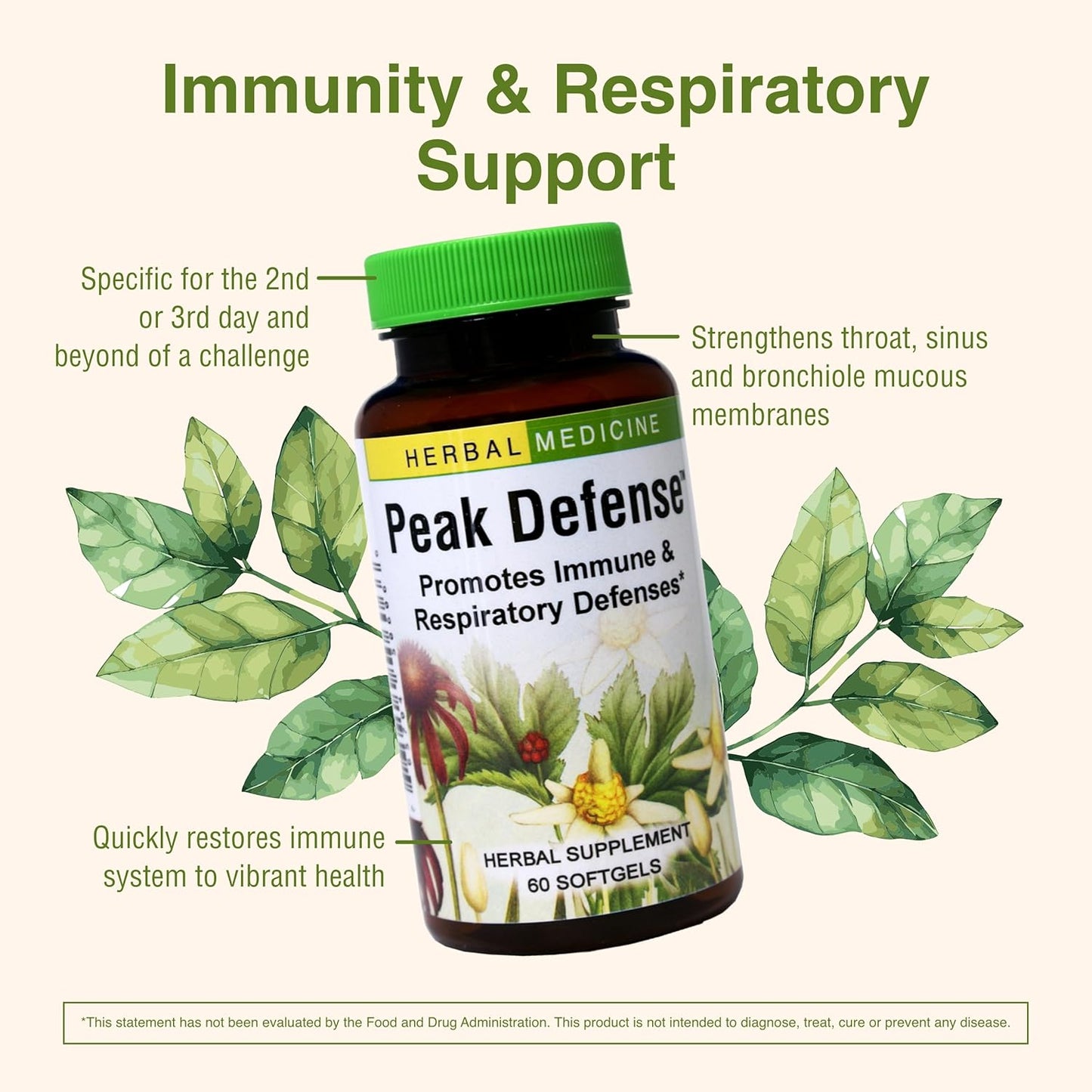Herbs Etc. Peak Defense Softgels - Immune Health and Respiratory Support - Vitality Supplement for Adults - Gluten-Free - 60 Servings