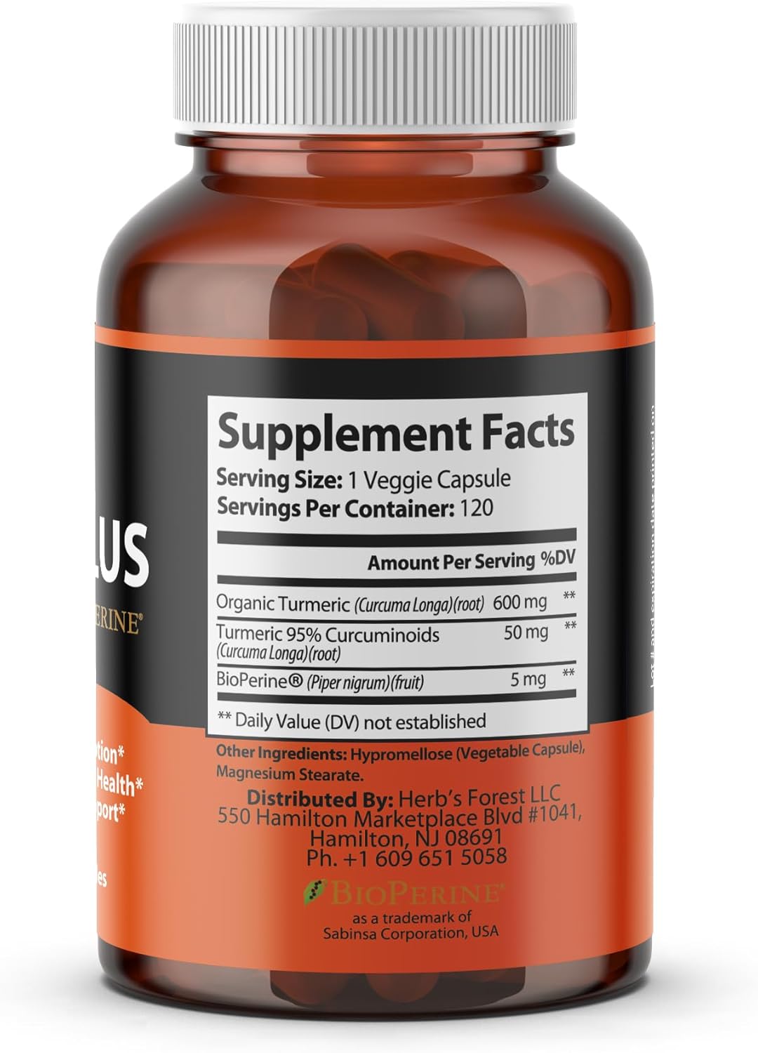 Herb's Forest Organic Turmeric Curcumin Capsules with Black Pepper - Joint Support & Antioxidant Benefits - 120 Veg Caps