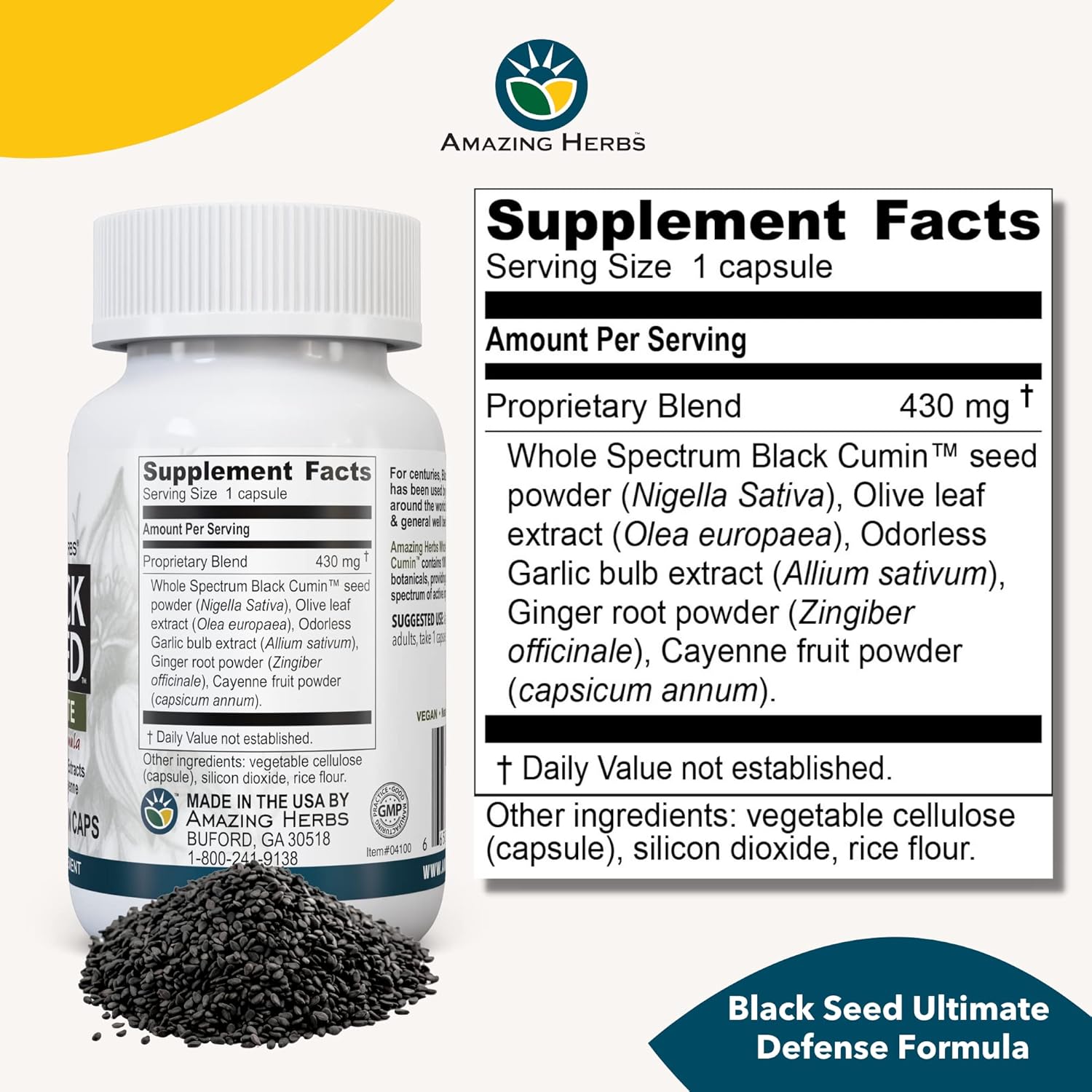 Herbs Whole Spectrum Black Seed Ultimate Capsules with Olive Leaf, Garlic, Ginger, Cayenne - 100 Count, Vegan & Gluten Free