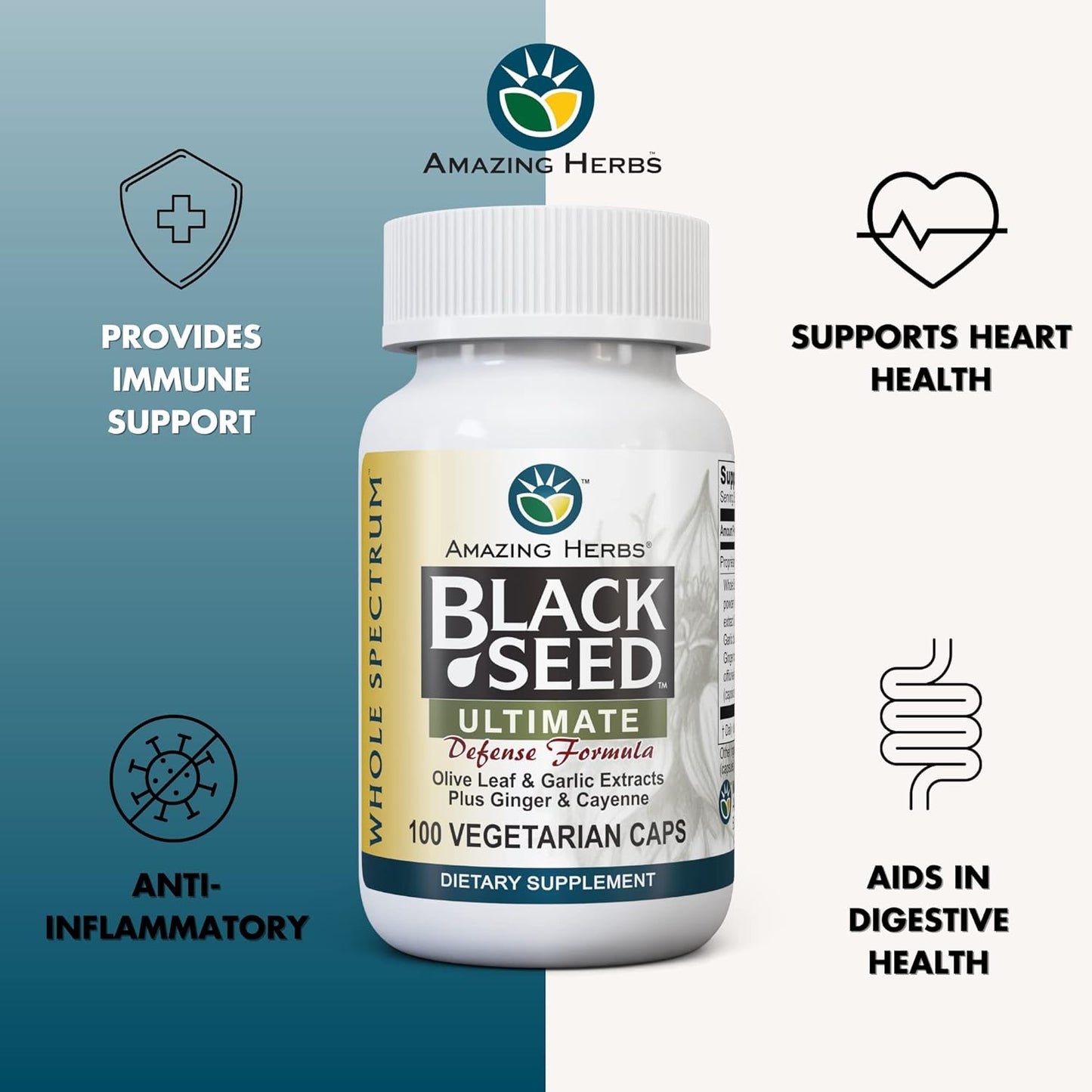 Herbs Whole Spectrum Black Seed Ultimate Capsules with Olive Leaf, Garlic, Ginger, Cayenne - 100 Count, Vegan & Gluten Free