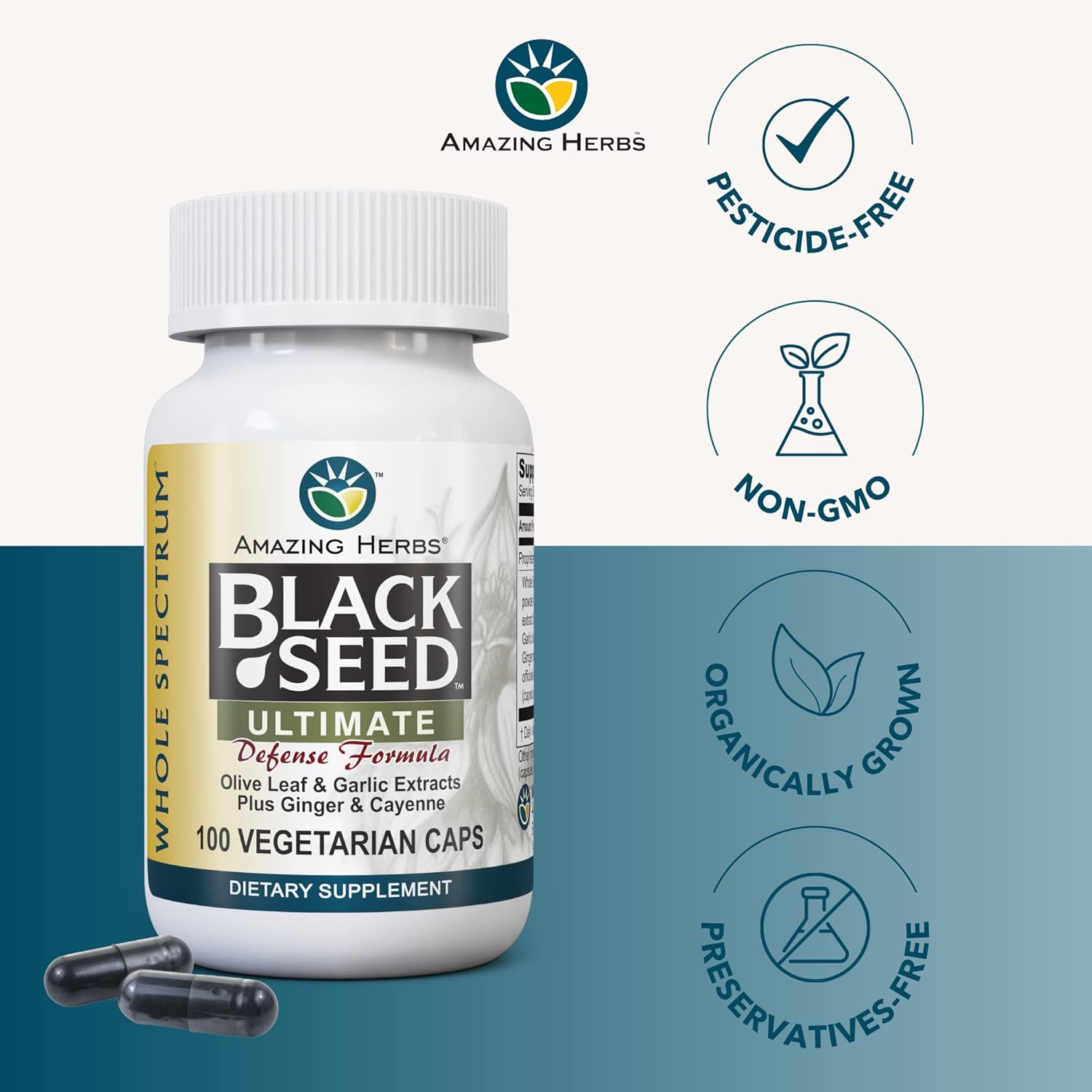 Herbs Whole Spectrum Black Seed Ultimate Capsules with Olive Leaf, Garlic, Ginger, Cayenne - 100 Count, Vegan & Gluten Free