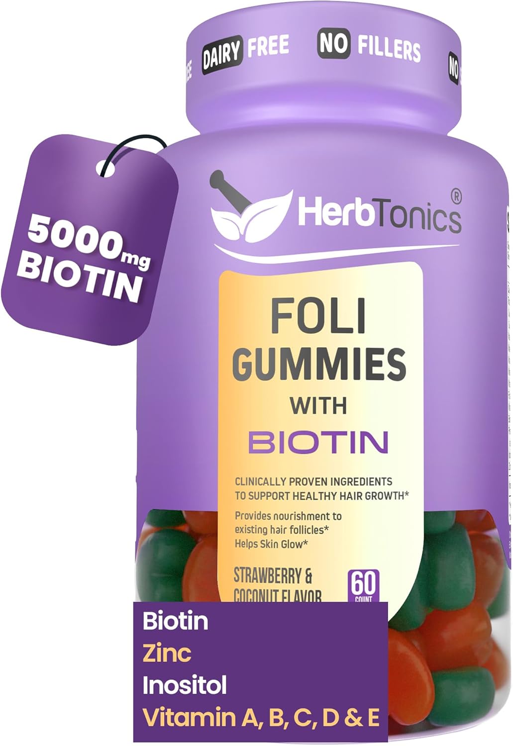 Herbtonics Foli Gummies - Biotin Hair Growth Supplement for Women & Men - Skin, Nails Vitamins - 60 Sugarfree Gummies