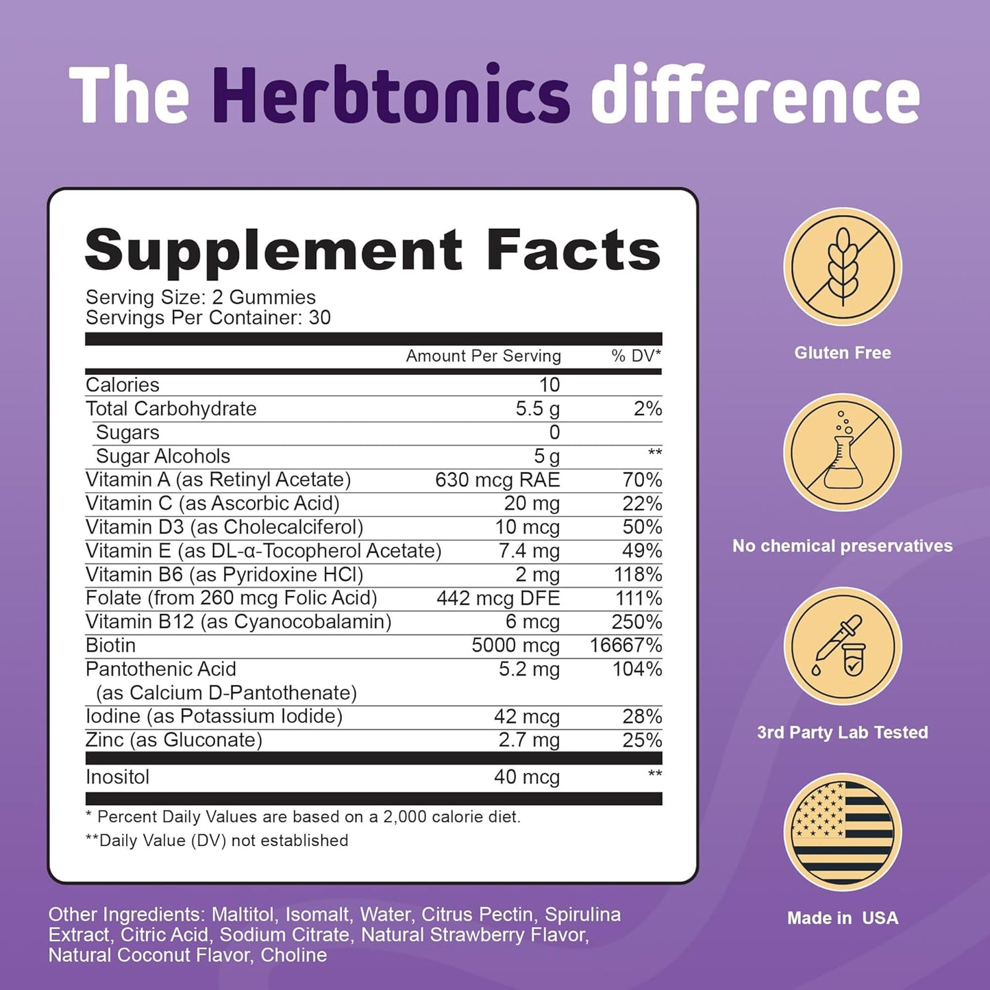 Herbtonics Foli Gummies - Biotin Hair Growth Supplement for Women & Men - Skin, Nails Vitamins - 60 Sugarfree Gummies