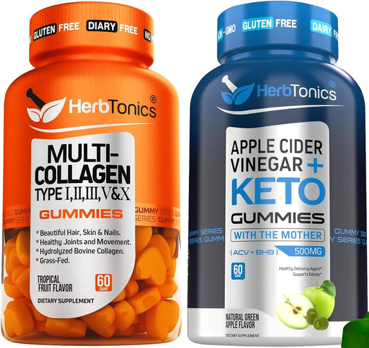 Herbtonics Multi Collagen & Biotin Gummies for Hair, Skin, Nails | ACV Keto Gummies with BHB | Sugar Free Apple Cider Vinegar Gummies