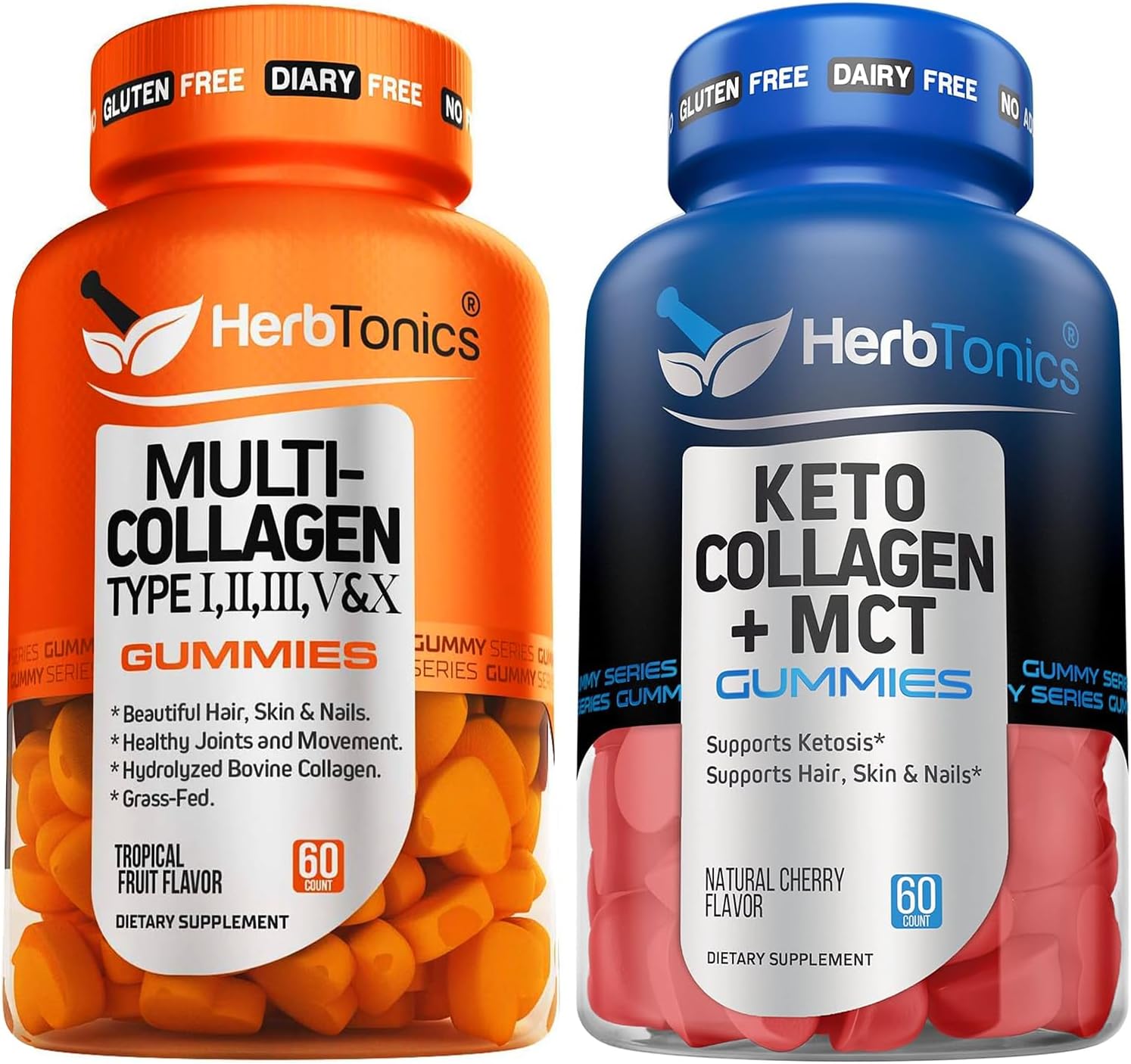 Herbtonics Multi Collagen Gummies with Biotin for Hair Growth - Type 1,2,3,5 & 10 | Keto Gummies with MCT - Sugar Free Anti Aging Supplement for Skin, Nails & Strength