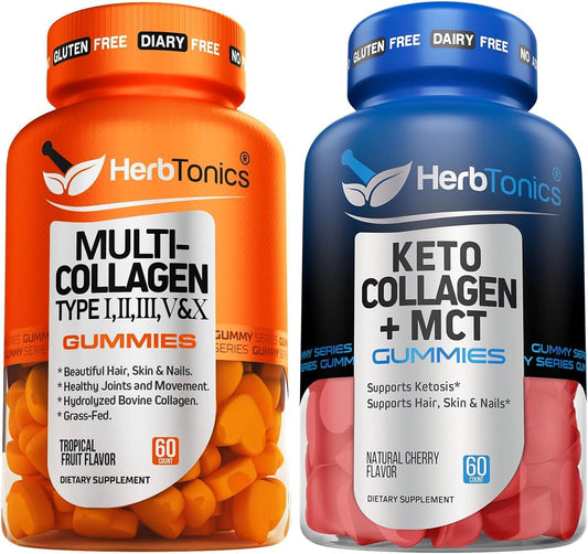 Herbtonics Multi Collagen Gummies with Biotin for Hair Growth - Type 1,2,3,5 & 10 | Keto Gummies with MCT - Sugar Free Anti Aging Supplement for Skin, Nails & Strength