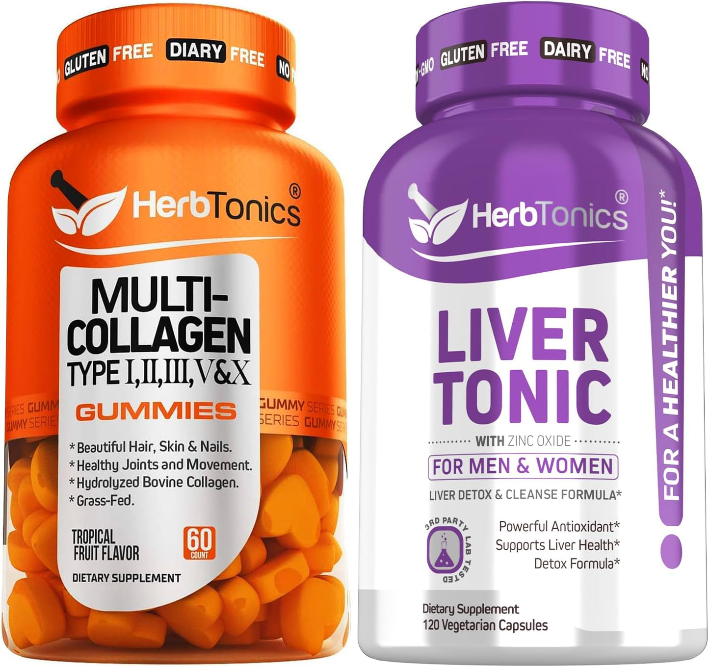 Herbtonics Multi Collagen Gummies with Biotin for Hair, Skin, Nails & Liver Health - Detox & Repair Formula with Milk Thistle & Artichoke - 24 Herbs Support