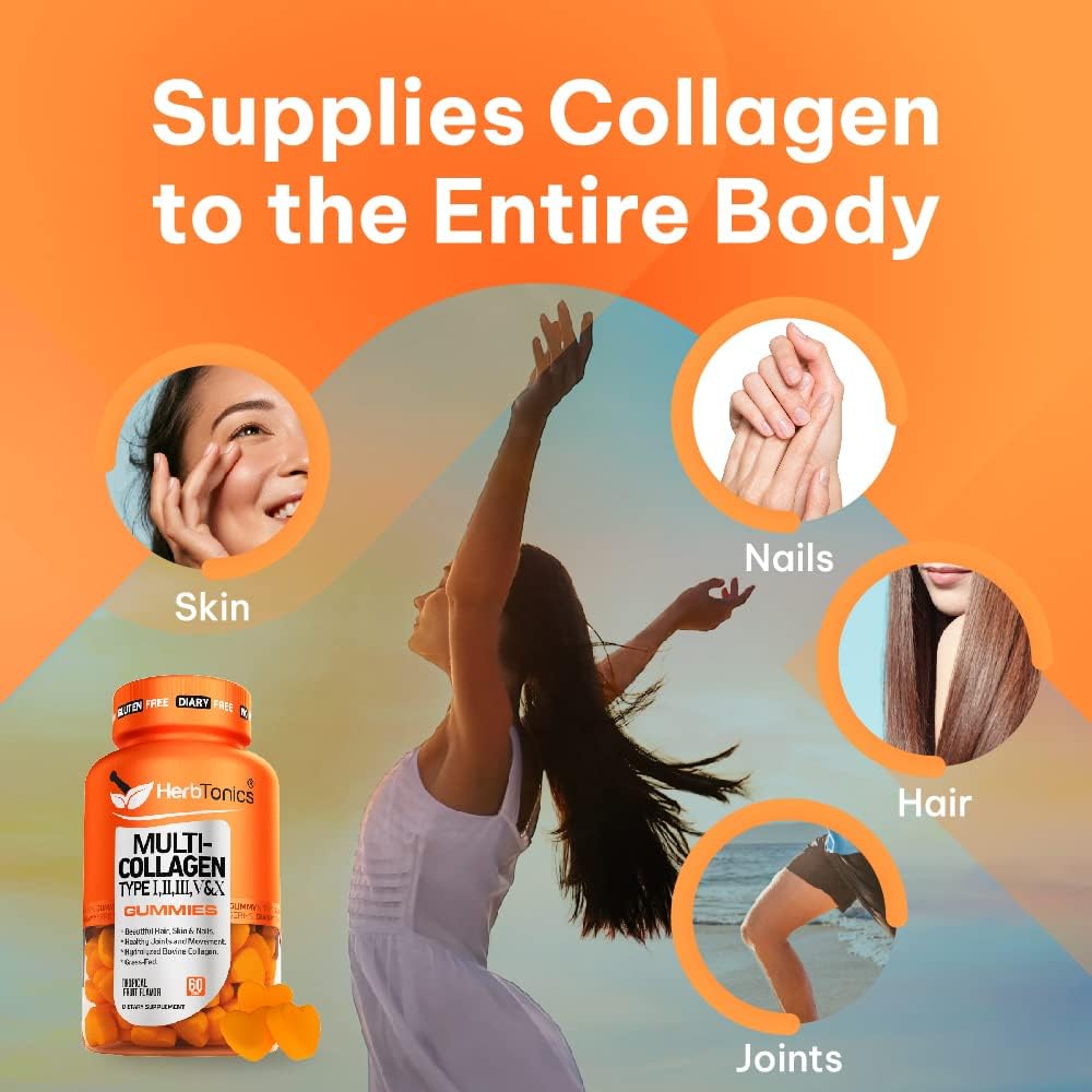 Herbtonics Multi Collagen Gummies with Biotin for Hair Growth - Type 1,2,3,5 & 10 | Keto Gummies with MCT - Sugar Free Anti Aging Supplement for Skin, Nails & Strength