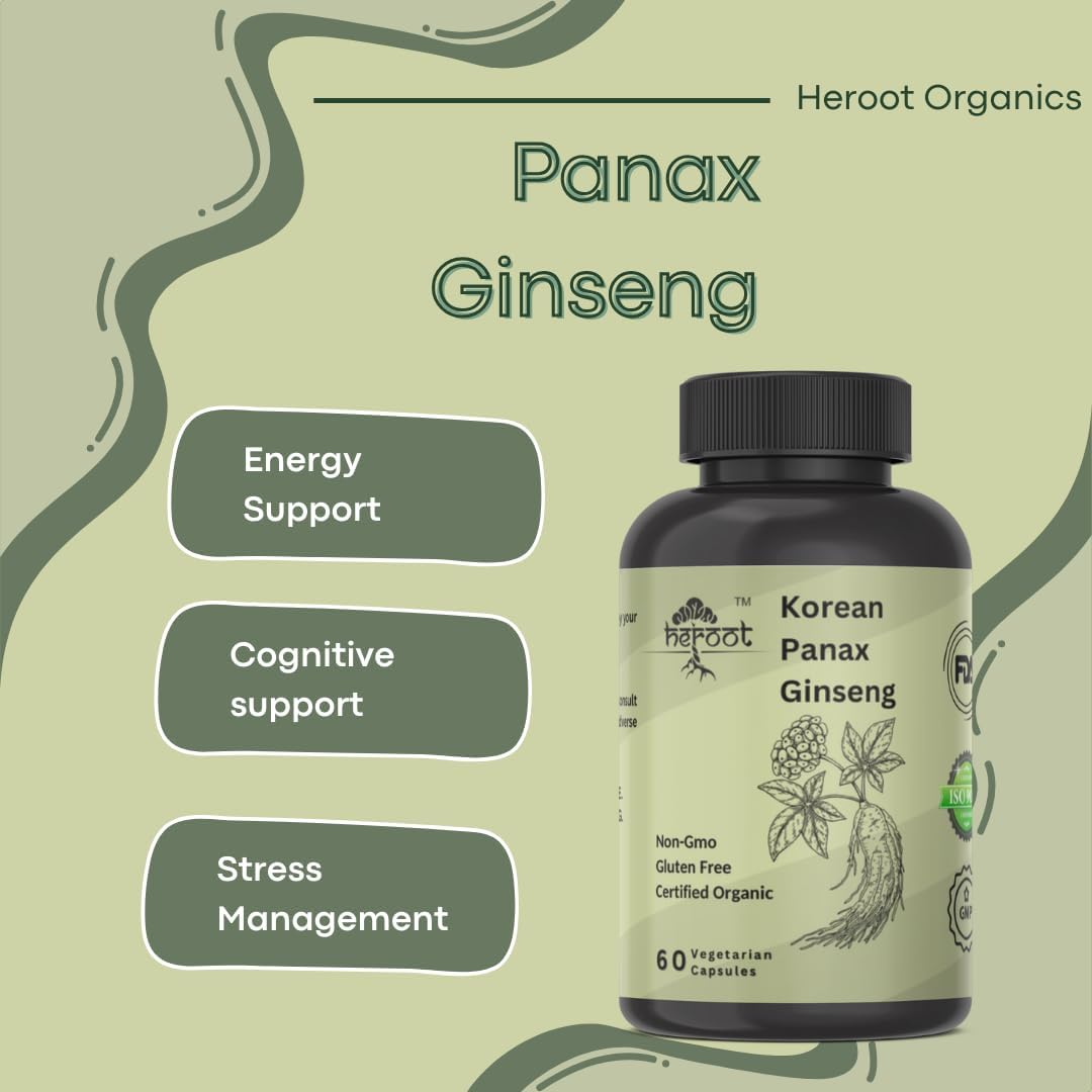 Heroot Panax Ginseng Capsules - 500 MG for Energy, Memory & Brain Health Support - Non-GMO - 60 Capsules