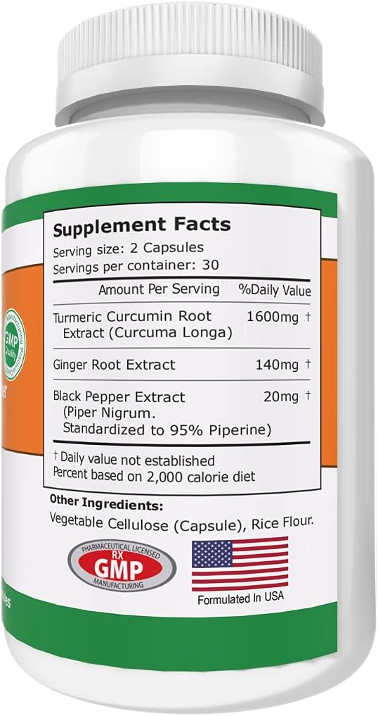 Hewis & Selby Turmeric Ginger Curcumin Capsules - 1600mg with Black Pepper Extract - 60 Veggie Caps - USA-Made for Joint Pain & Inflammation