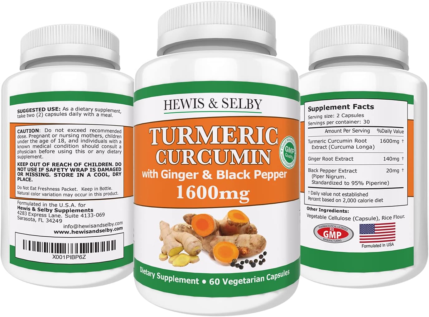 Hewis & Selby Turmeric Ginger Curcumin Capsules - 1600mg with Black Pepper Extract - 60 Veggie Caps - USA-Made for Joint Pain & Inflammation