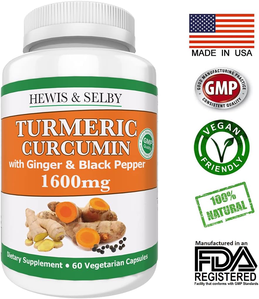 Hewis & Selby Turmeric Ginger Curcumin Capsules - 1600mg with Black Pepper Extract - 60 Veggie Caps - USA-Made for Joint Pain & Inflammation