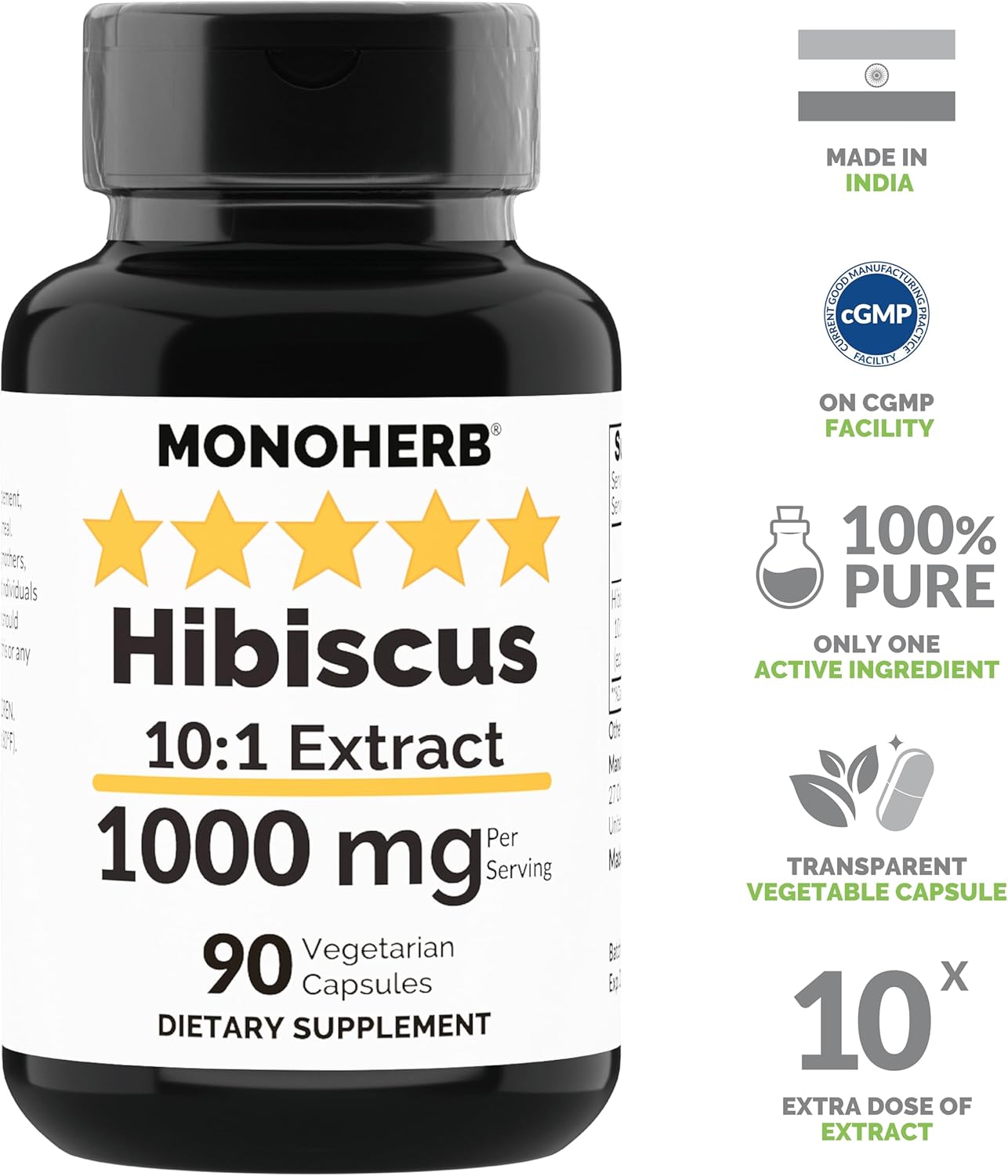 Hibiscus Extract Capsules - 1000 mg, 90 Vegetarian Capsules by MONOHERB
