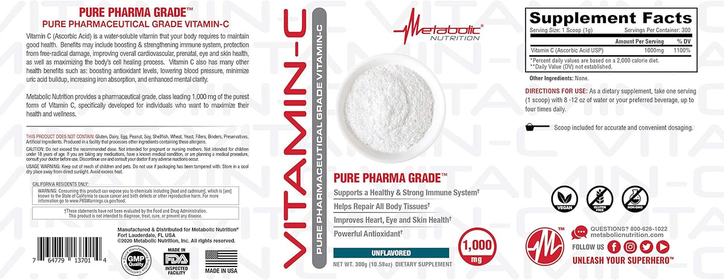 High Absorption 1000mg Vitamin C Supplement - Pure Pharma Grade Ascorbic Acid for Metabolic Nutrition (300g)