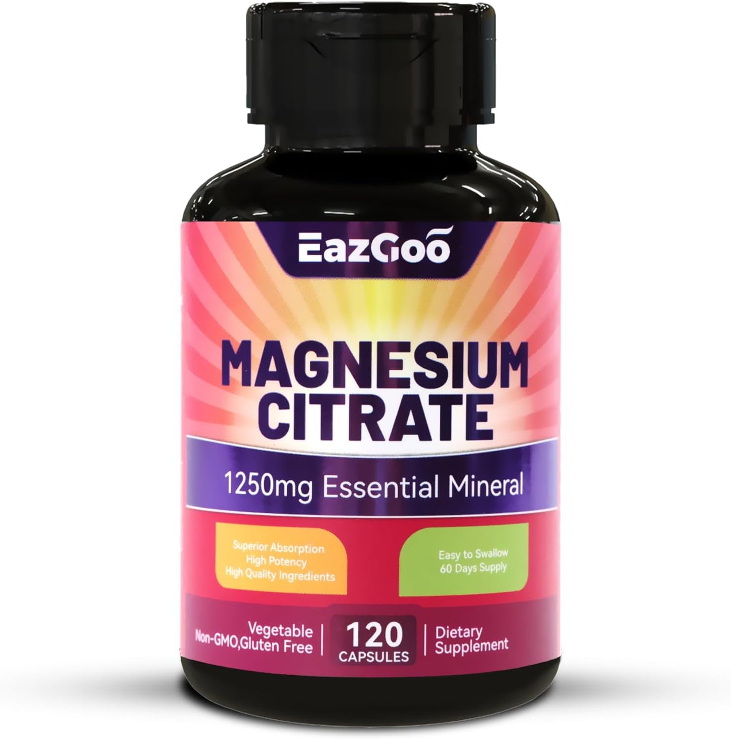 High Absorption 1250mg Magnesium Citrate Capsules - Extra Strength Supplement with Elemental Magnesium - Non-GMO & Gluten-Free - 120 Veg Caps