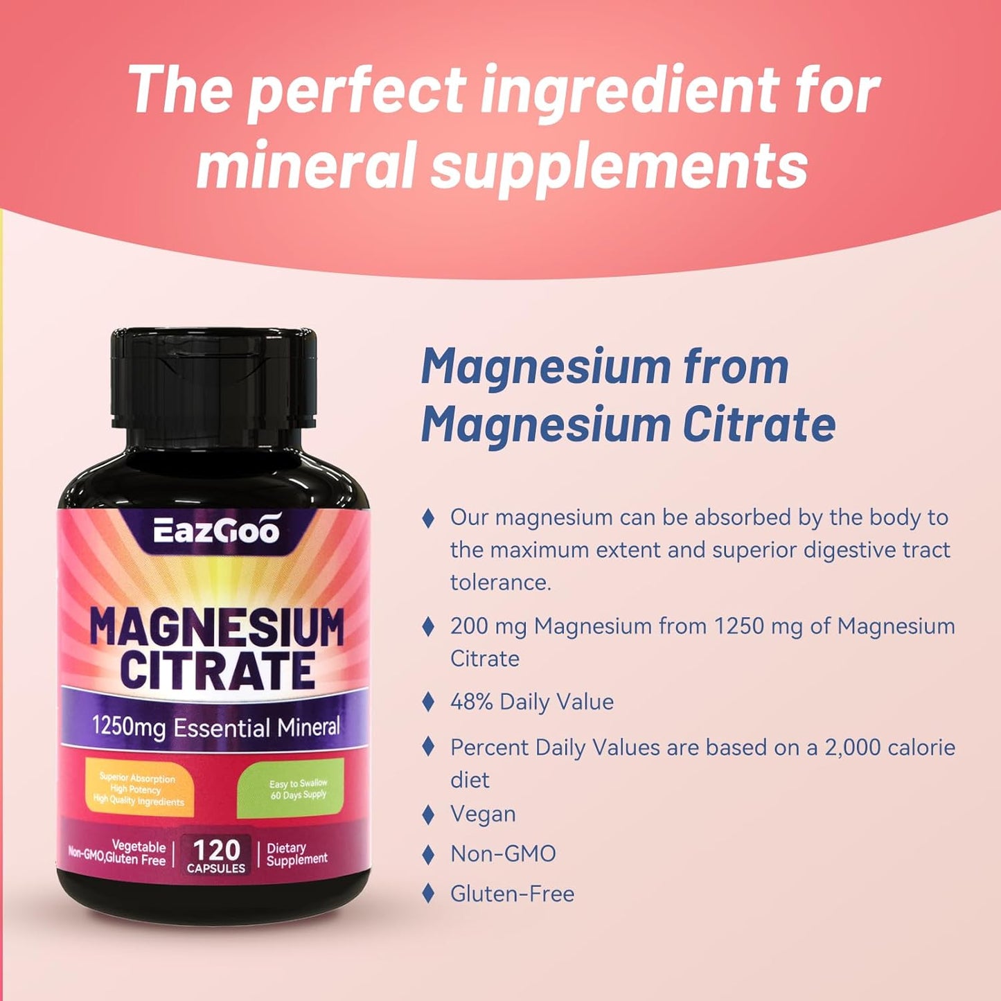 High Absorption 1250mg Magnesium Citrate Capsules - Extra Strength Supplement with Elemental Magnesium - Non-GMO & Gluten-Free - 120 Veg Caps