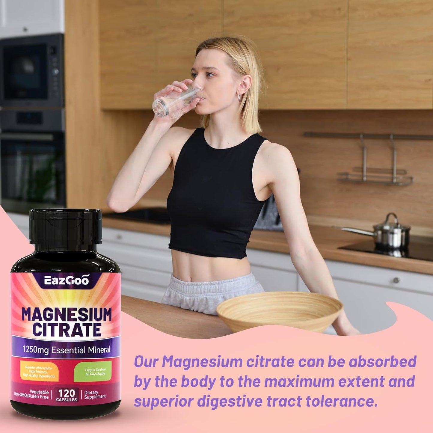 High Absorption 1250mg Magnesium Citrate Capsules - Extra Strength Supplement with Elemental Magnesium - Non-GMO & Gluten-Free - 120 Veg Caps
