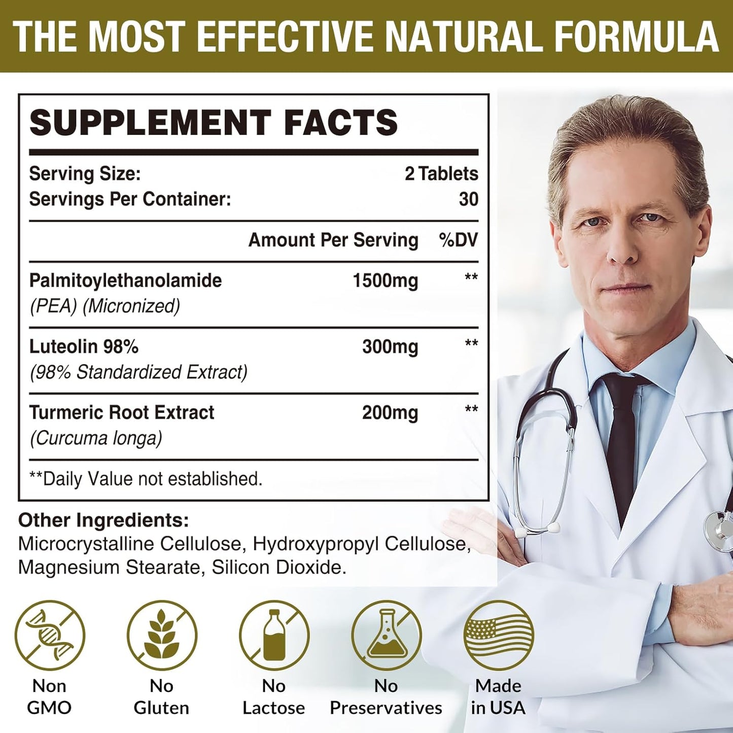 High Absorption 1500 MG Palmitoylethanolamide with Luteolin & Turmeric - Micronized Pea Supplement for Discomfort - USA Made - 240 Tablets