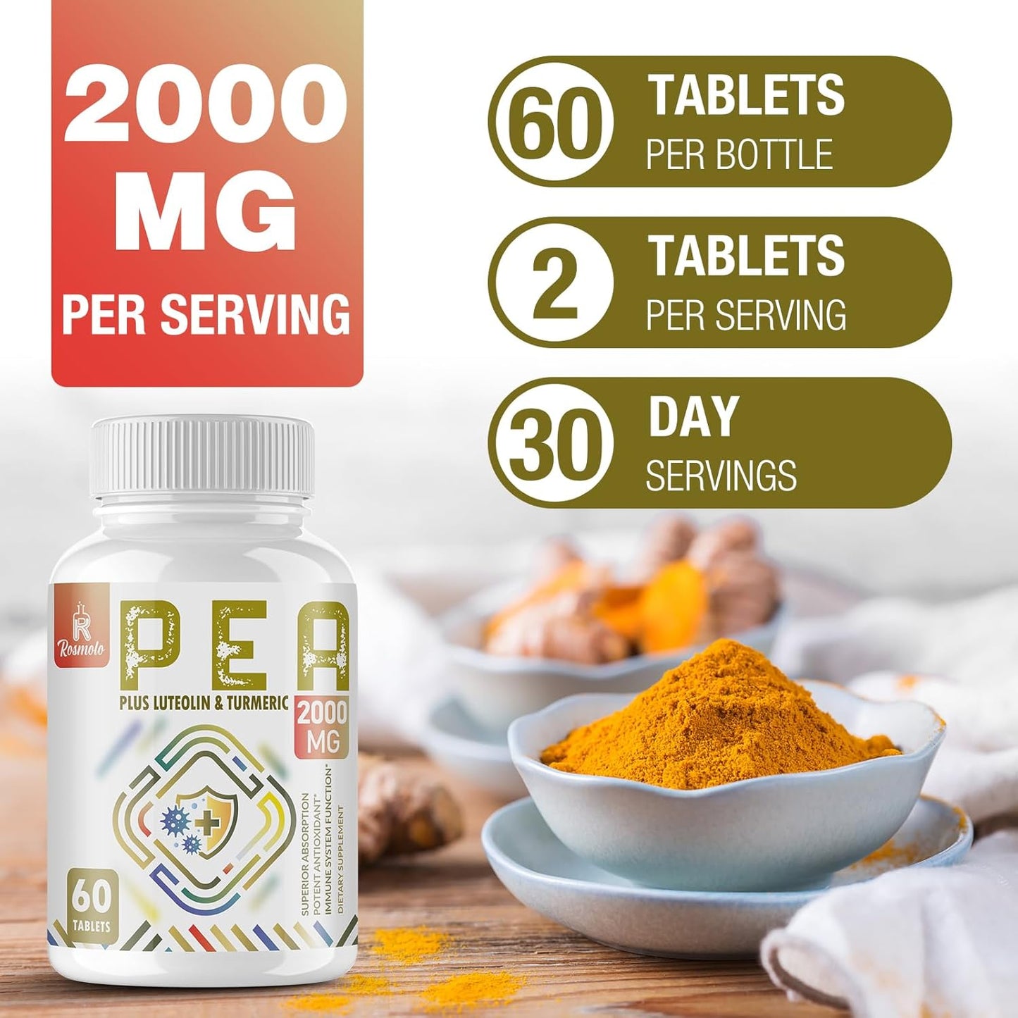 High Absorption 1500 MG Palmitoylethanolamide with Luteolin & Turmeric - Micronized Pea Supplement for Discomfort - USA Made - 240 Tablets